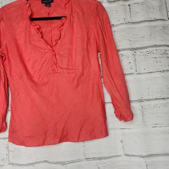 Ann Taylor Womens Coral Size 4 Linen Long Sleeve Blouse - Picture 3 of 11